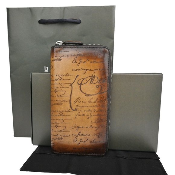 BERLUTI Logo Itauba Long Zip Around Wallet Scritto Leather Brown Italy 16RJ380 - Picture 1 of 16